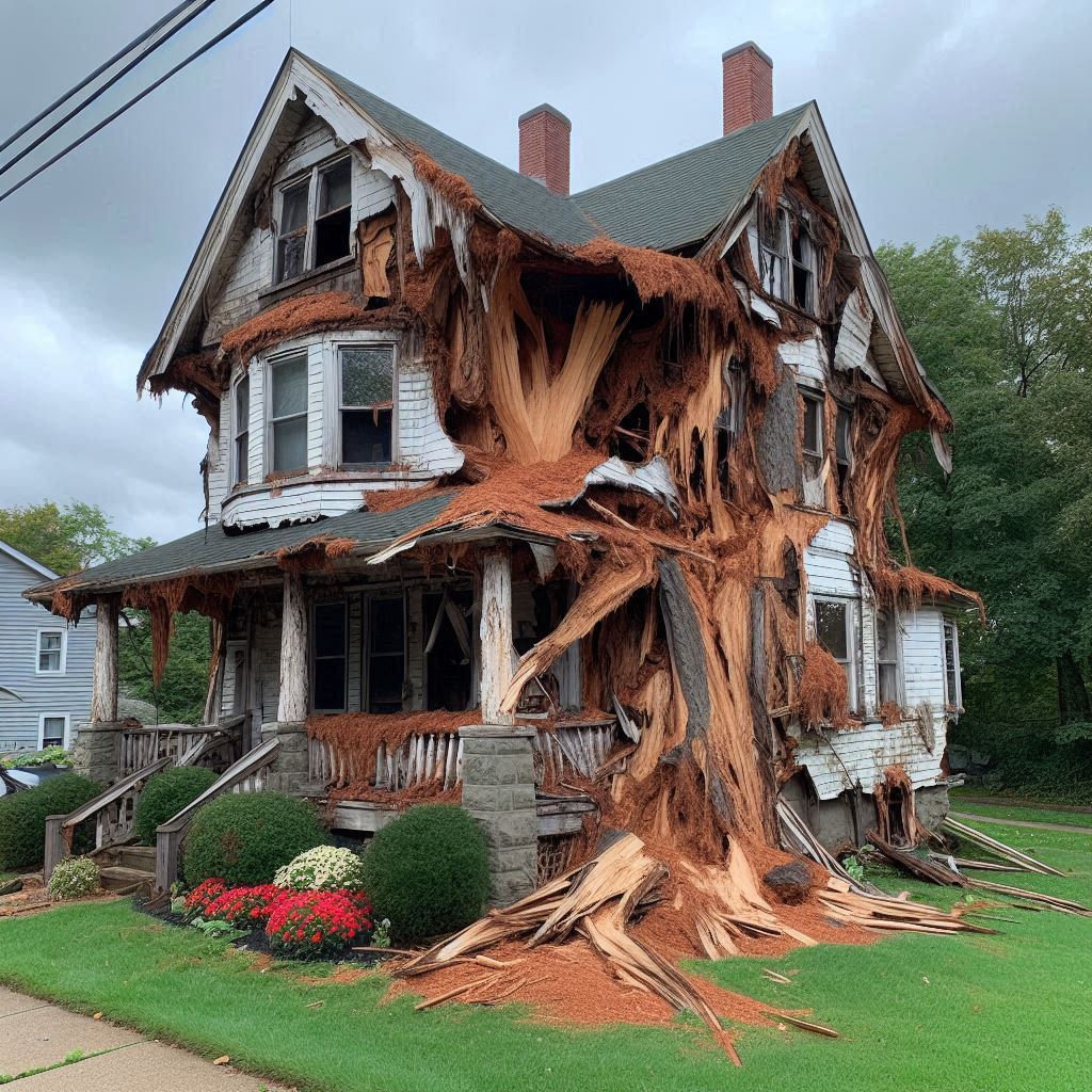 Damaged tree on an Deerfield Beach home showing signs of disease and decay